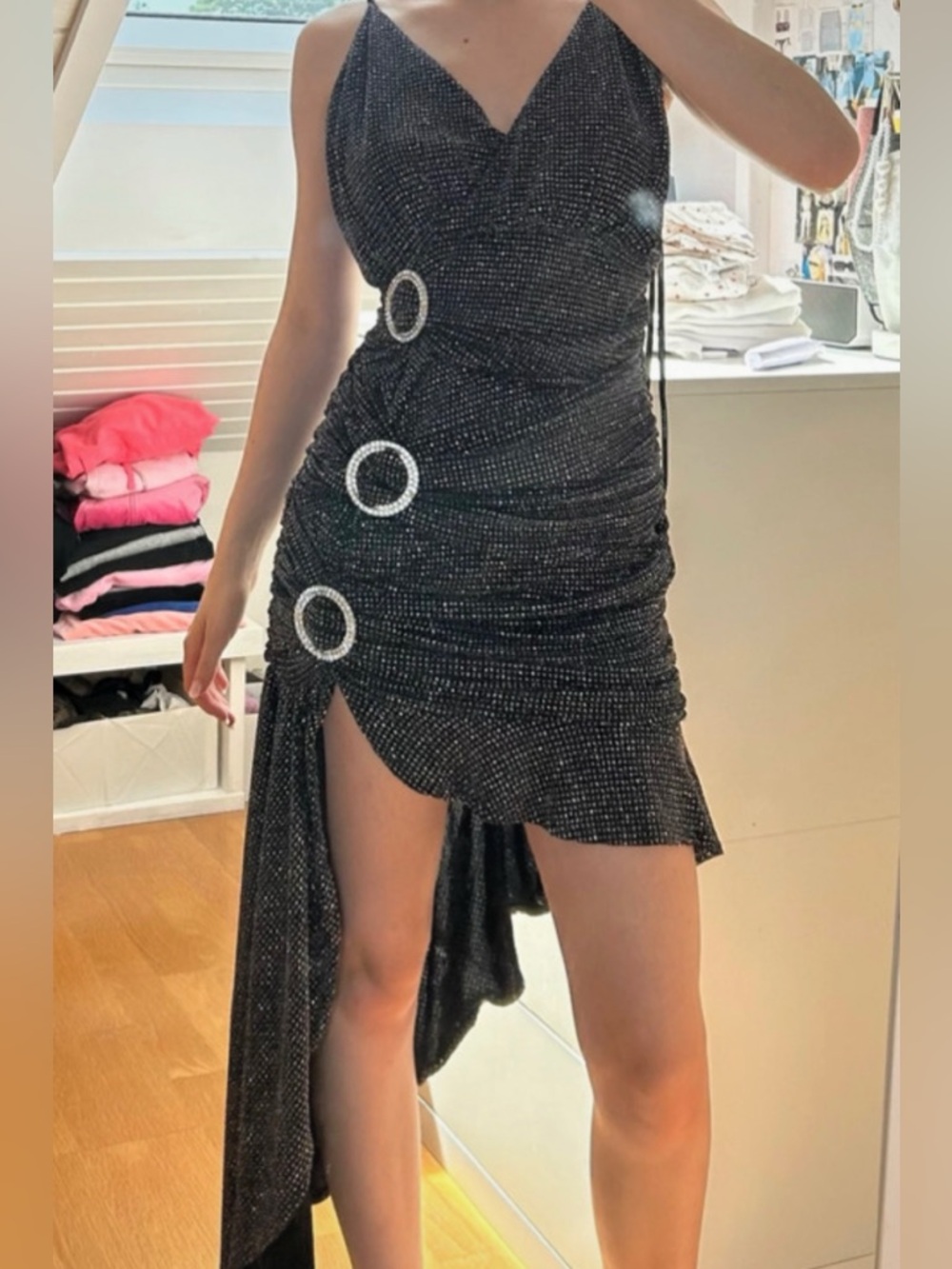 For Love & Lemons Margaux Glitter Dress in Metallic Black Asymmetric - Picture 5 of 11
